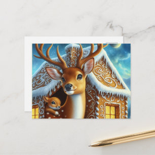 Winter Deer Family in Gingerbread House Postcard