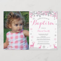 Winter Deer Girl Baptism Photo Invitation