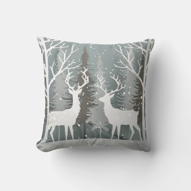 Winter Deer Grey Blue Forest Design Throw Pillow (Front)