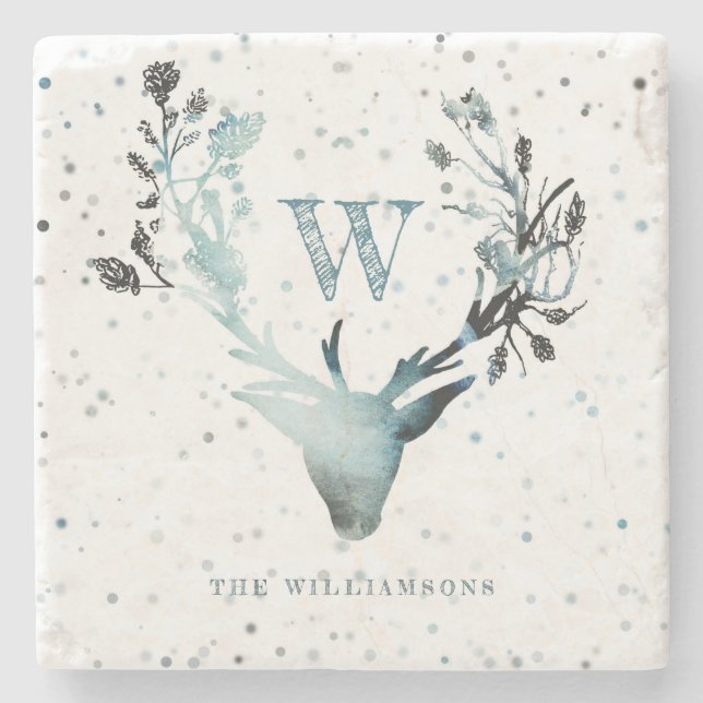 Winter Deer head Silver Blue Monogram Christmas Stone Coaster (Front)
