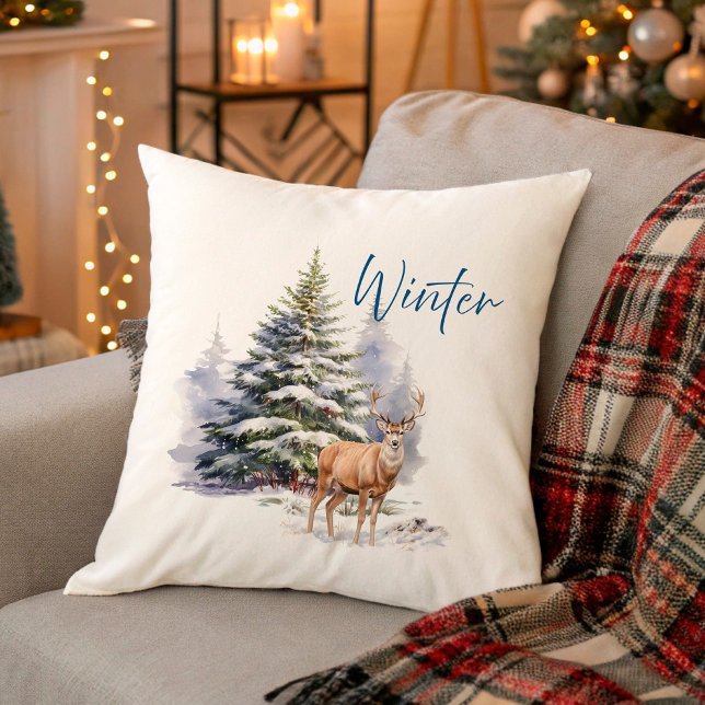 Winter Deer in Snowy Forest Throw Pillow (Winter Deer in Snowy Forest Throw Pillow)