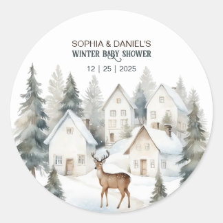 Winter Deer in Village Watercolor Baby Shower Classic Round Sticker