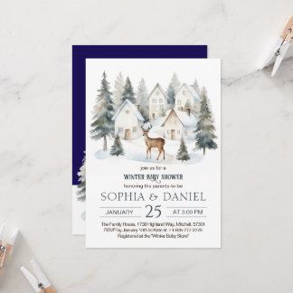 Winter Deer in Village Watercolor Baby Shower Invitation