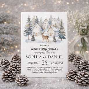 Winter Deer in Village Watercolor Baby Shower Invitation