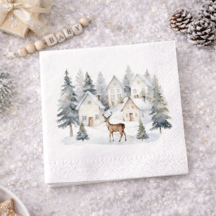 Winter Deer in Village Watercolor Baby Shower Napkin