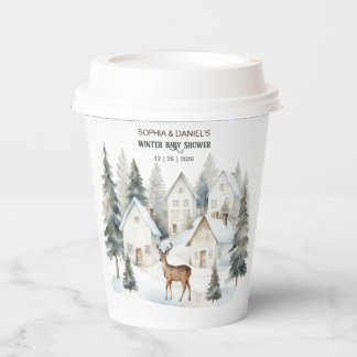 Winter Deer in Village Watercolor Baby Shower Paper Cups