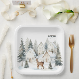 Winter Deer in Village Watercolor Baby Shower Paper Plate