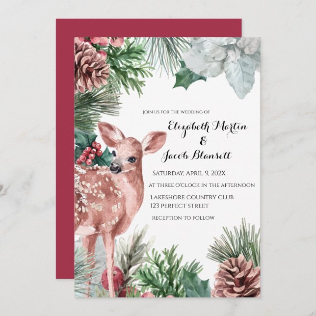 Winter Deer, Pinecones, and Holly Wedding Invitation (Front/Back)