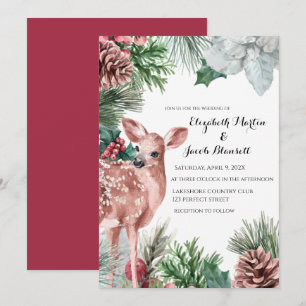 Winter Deer, Pinecones, and Holly Wedding Invitation