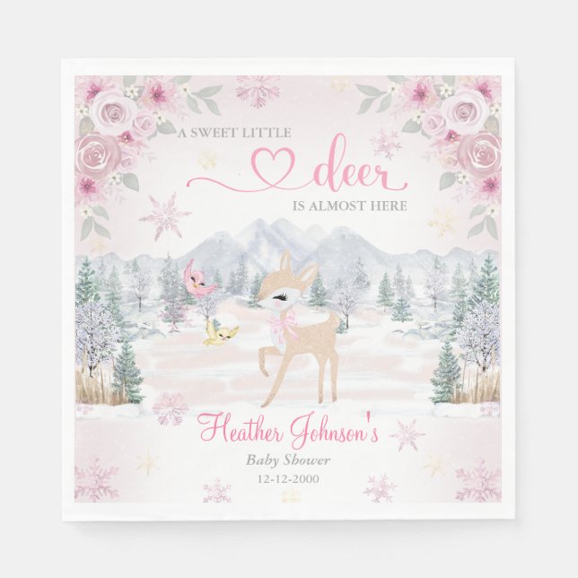 Winter Deer Pink Snowflake Baby Shower  Napkin (Front)