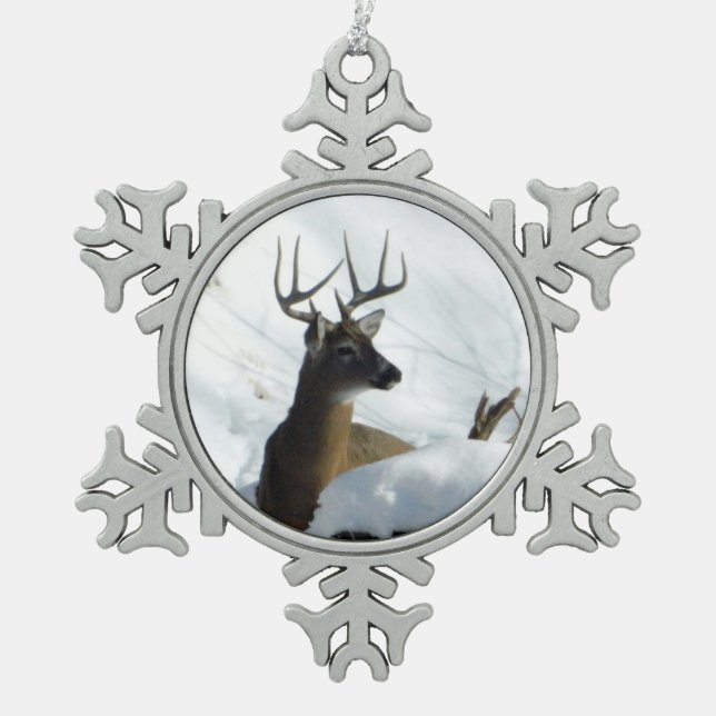 Winter Deer Snowflake Pewter Christmas Ornament (Front)