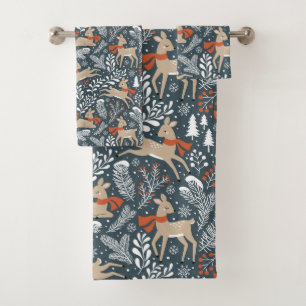 Winter Deer, Trees, Branches and Snowflakes  Bath Towel Set