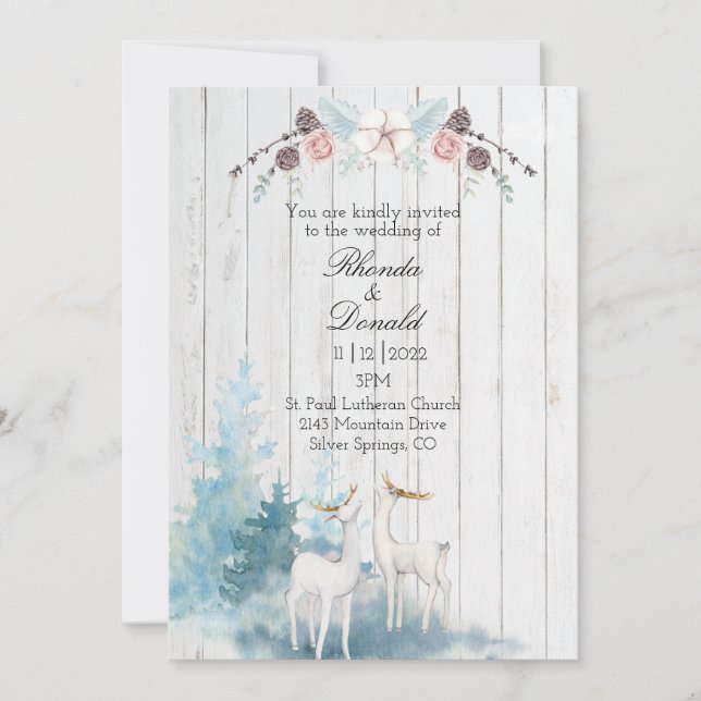 Winter Deer Watercolor on Wood Wedding Invitation (Front)