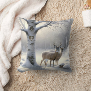 Winter Deer With Birch Tree Heart and Names Throw Pillow