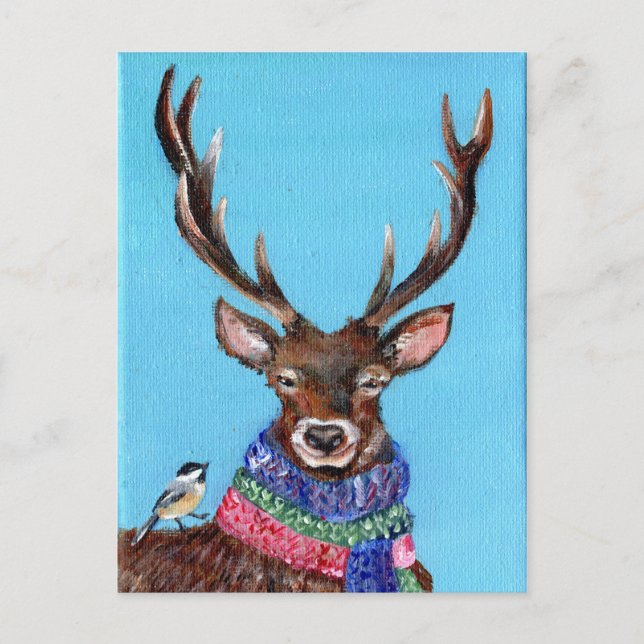 Winter Deer with Chickadee Postcard (Front)