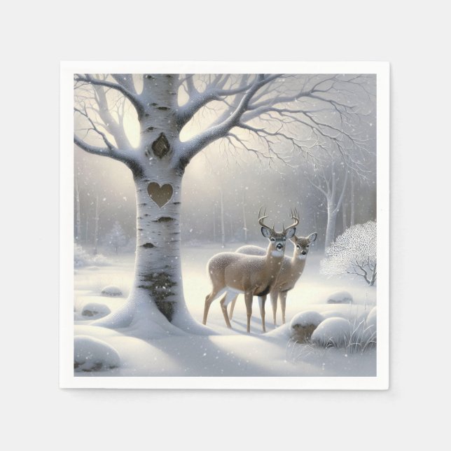 Winter Deer With Heart On Birch Tree Napkin (Front)