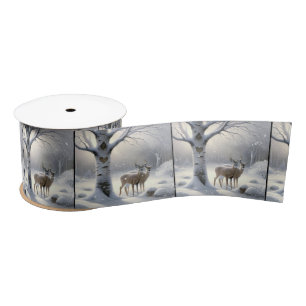 Winter Deer With Heart On Birch Tree Satin Ribbon