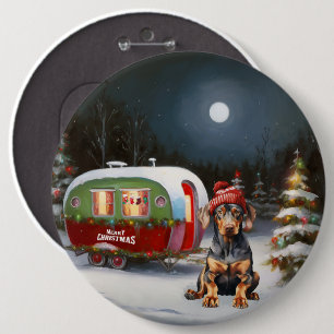 Winter Doberman Caravan Christmas Adventure  6 Inch Round Button
