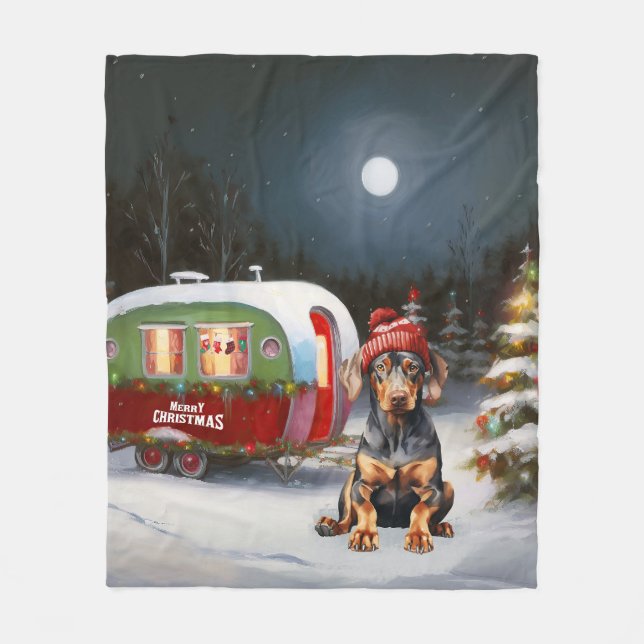 Winter Doberman Caravan Christmas Adventure  Fleece Blanket (Front)