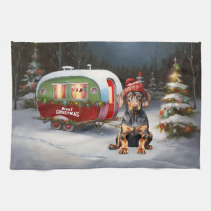 Winter Doberman Caravan Christmas Adventure Kitchen Towel