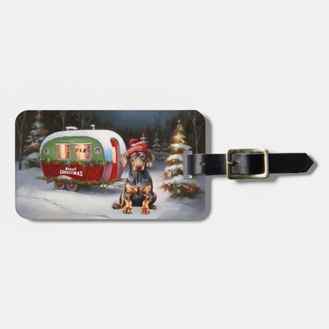 Winter Doberman Caravan Christmas Adventure  Luggage Tag (Front Horizontal)