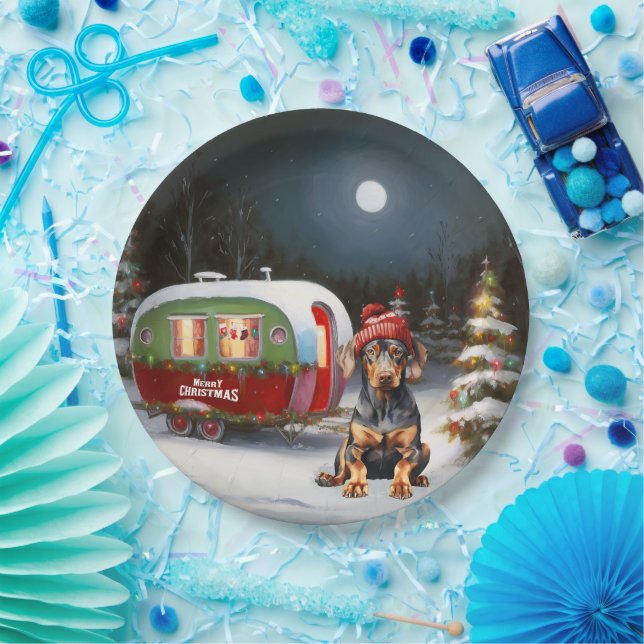 Winter Doberman Caravan Christmas Adventure  Paper Plate (Party)