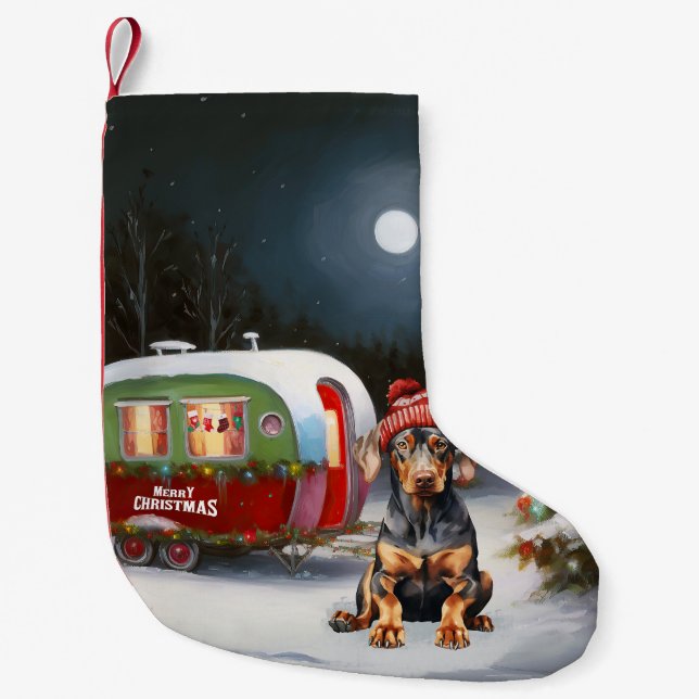 Winter Doberman Caravan Christmas Adventure  Small Christmas Stocking (Front)