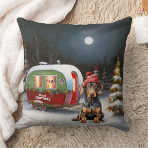 Winter Doberman Caravan Christmas Adventure Throw Pillow