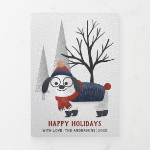 Winter dog and trees Christmas multi photo Tri-Fold Holiday Card