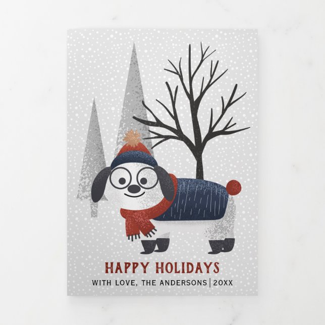 Winter dog and trees Christmas multi photo Tri-Fold Holiday Card (Cover)