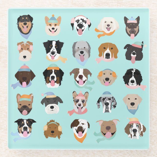 Winter Dog Faces Glass Coaster (Front)