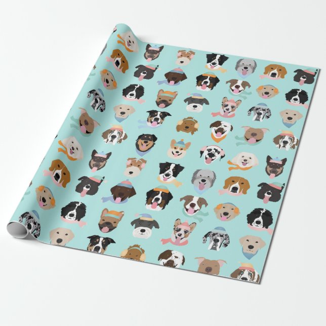 Winter Dog Faces Wrapping Paper (Unrolled)