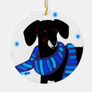 Winter Doxie in blue Ceramic Ornament