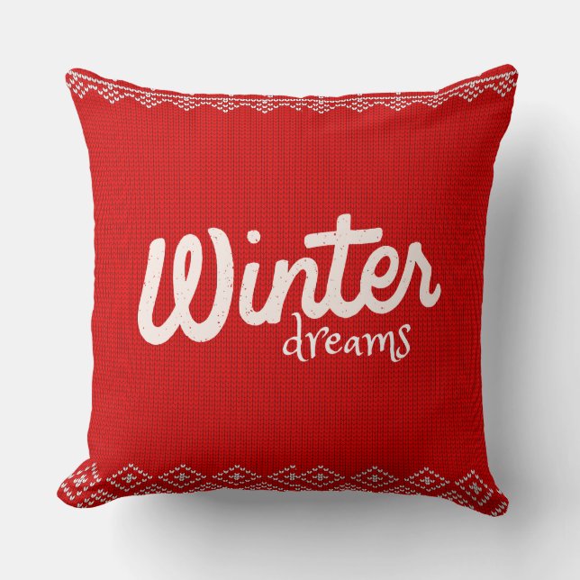 Winter Dreams Knitted Pattern – Cozy Red Holiday D Throw Pillow (Front)