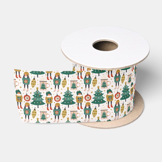 Winter Dressed Kids Red Green Gold Satin Ribbon (Spool)