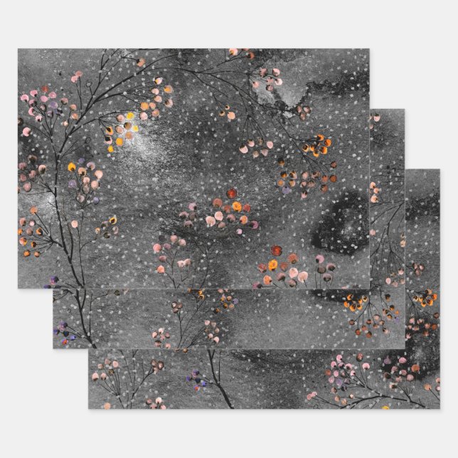 Winter Dusk Night Sky Pink Berry Silver Snowfall Wrapping Paper Sheet (Set)