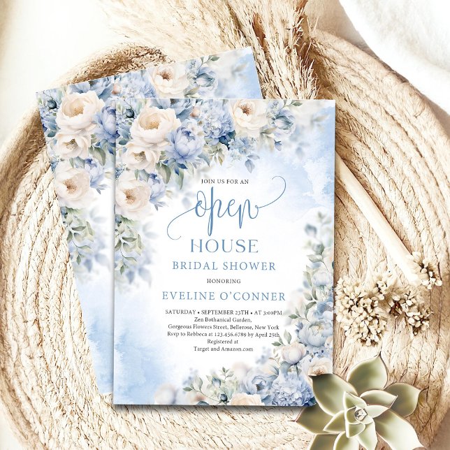 Winter dusty blue and ivory flowers Open House Invitation (Boho Elegant Dusty Blue and Ivory Flowers open house bridal shower invitation)
