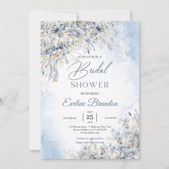 Winter dusty blue flowers ivory roses eucalyptus invitation (Front)