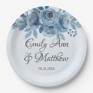 Winter Dusty Blue Watercolor Peony Wedding Paper Plate