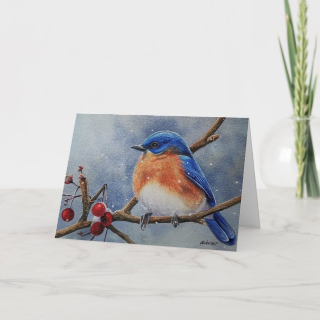 Winter Eastern Bluebird & Berries Watercolor Art Card (Front)