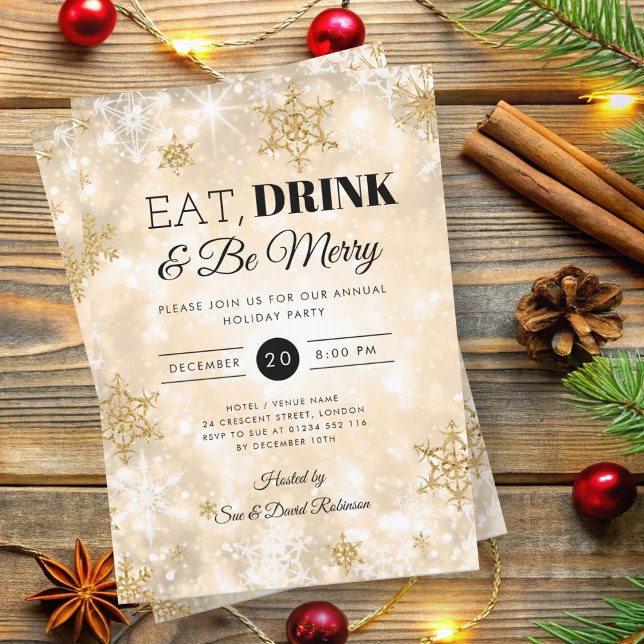 Winter "Eat & Drink" Gold Holiday Christmas Party Invitation (Winter "Eat & Drink" Gold Holiday Christmas Party Invitation)