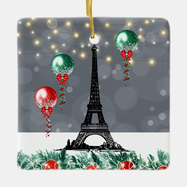 Winter Eiffel Tower, Christmas Balloons Nighttime  Ceramic Ornament (Front)