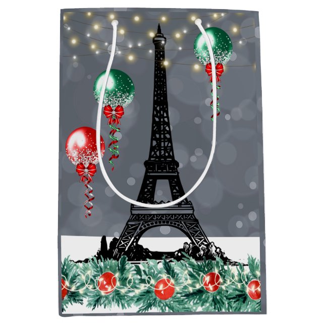 Winter Eiffel Tower, Christmas Balloons Nighttime Medium Gift Bag (Front)