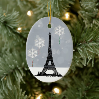 Winter Eiffel Tower, Snowflake Balloons Christmas Ceramic Ornament