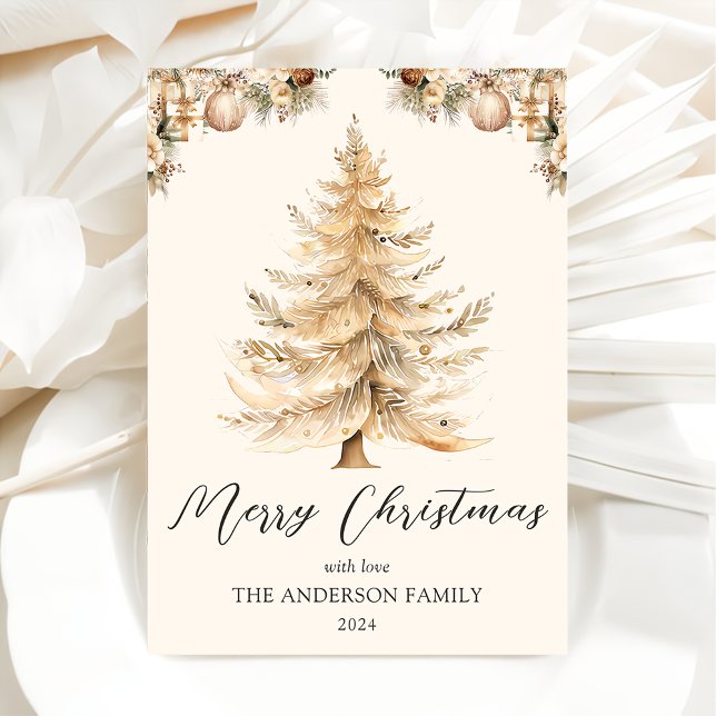 Winter Elegant Gold Merry Christmas Tree Holiday Card (Creator Uploaded)