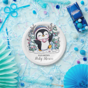 Winter Elegant Penguin Baby Shower Paper Plate