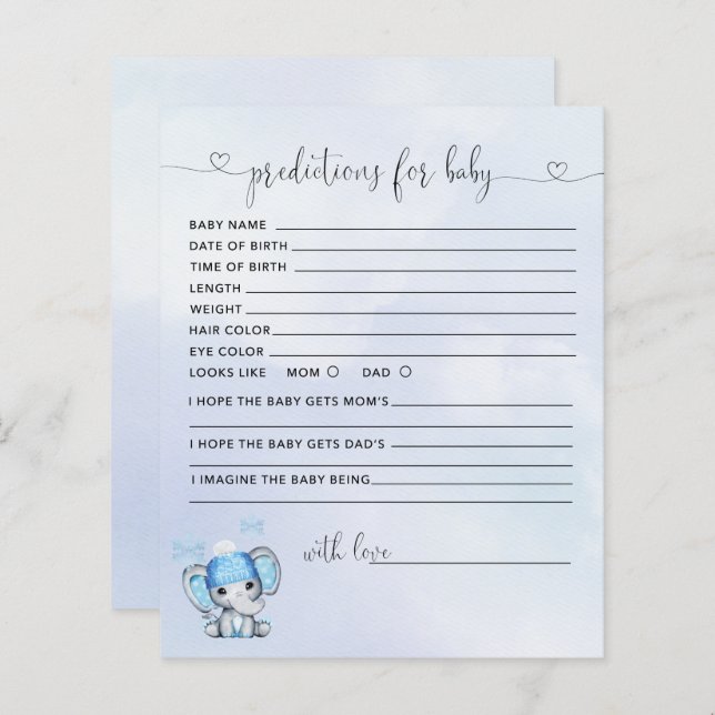 Winter Elephant Baby Shower Predictions Card (Front/Back)