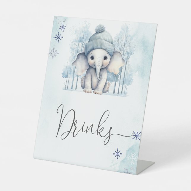Winter Elephant Boy  Baby Shower Drinks Pedestal Sign (Front)