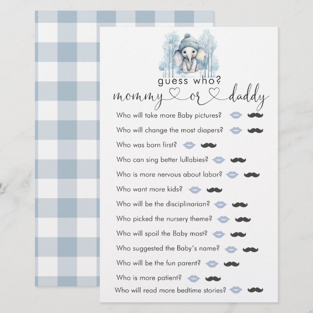  Winter elephant Boy Baby Shower "Guess Who" Game (Front/Back)