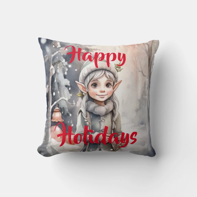 Winter Elf Wonderland Folded Holiday Card Throw Pillow (Front)